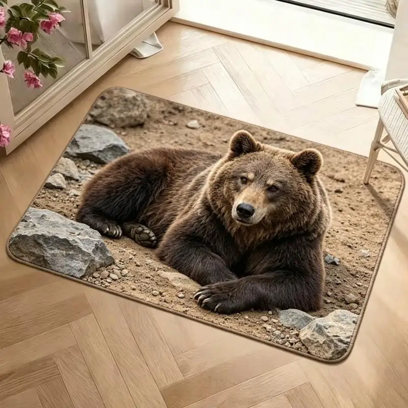 Wolf Lying Floor Carpet Brown Earth Texture Gray Fur Detail Print Non Slip Soft Mat For Nature Theme Living Room Home Decor