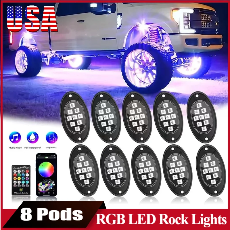 

8 Pods RGB LED Rock Lights for Jeeps Trucks Golf Cart ATV UTV SUV Offroad Pickup Car, Waterproof Multi-color Underglow Kit