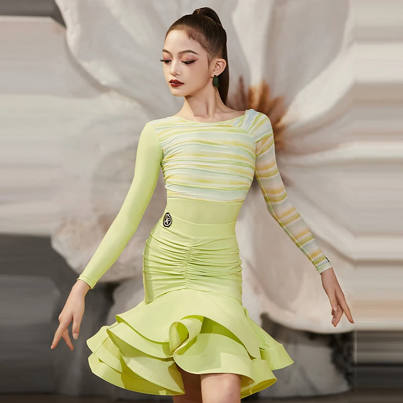 Fashion Long Sleeves Latin Dance Dress Girls Performance Dancing Costume Children\'S Ballroom Dance Professional Dresses SL11395