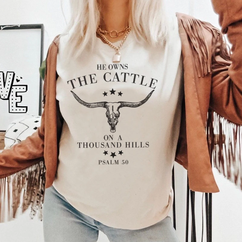 He Owns The Cattle Women's Bible Verse T Shirt Vintage Western Bull Skull Print Tshirts Religious Christian T-Shirts Faith Tops