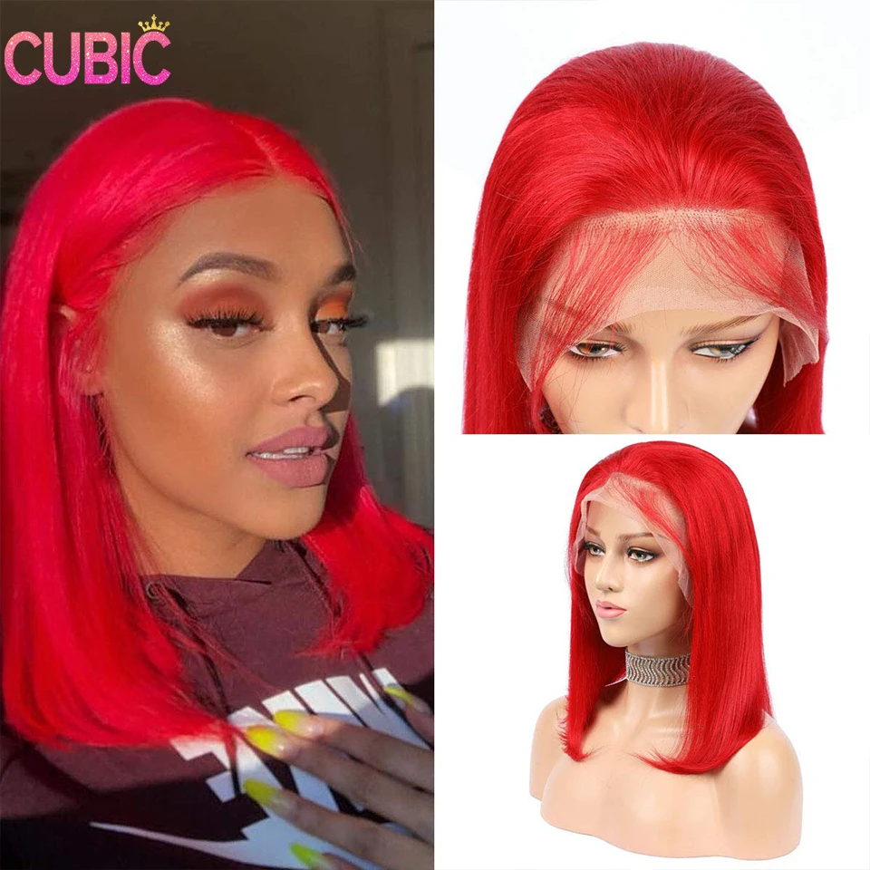 Colored Bob Wigs Human Hair 13x4 HD Transparent Lace Front Wigs Brazilian Glueless Red Color Straight Bob Lace Wig for Woman