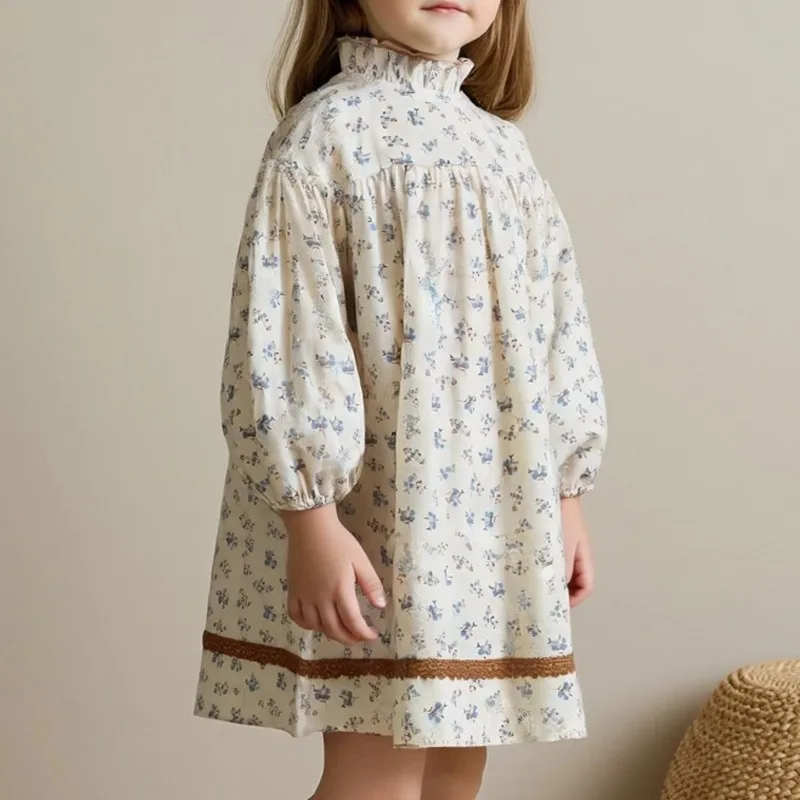 

New Fall/Winter Fleece-Lined Corduroy Floral Long-Sleeve Dress For Girls New French Lace Stand-Up Collar Children's Dresses