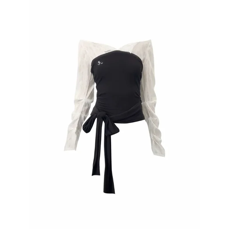 

Контрастный цвет на одно плечо, искусственная двухсекционная рубашка с длинными рукавами, женская осенняя футболка с ремешками на талии, утягивающий дизайн, топ