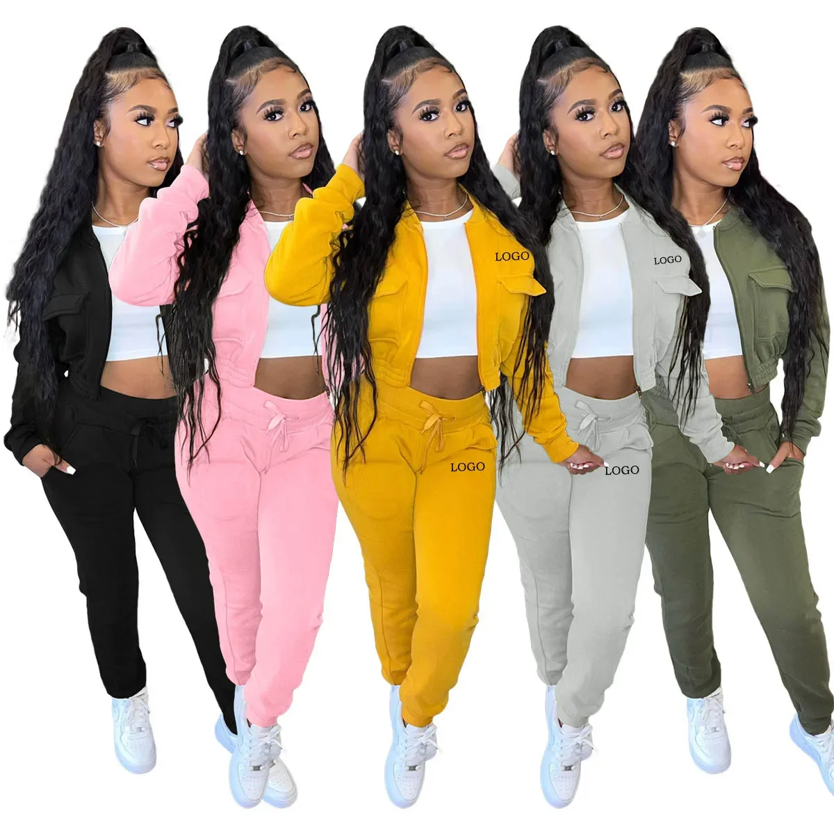 Custom LOGO Fashion Women's Double sided Velvet Splice Ribbed Casual Sports Set Women's Multi Pocket Style