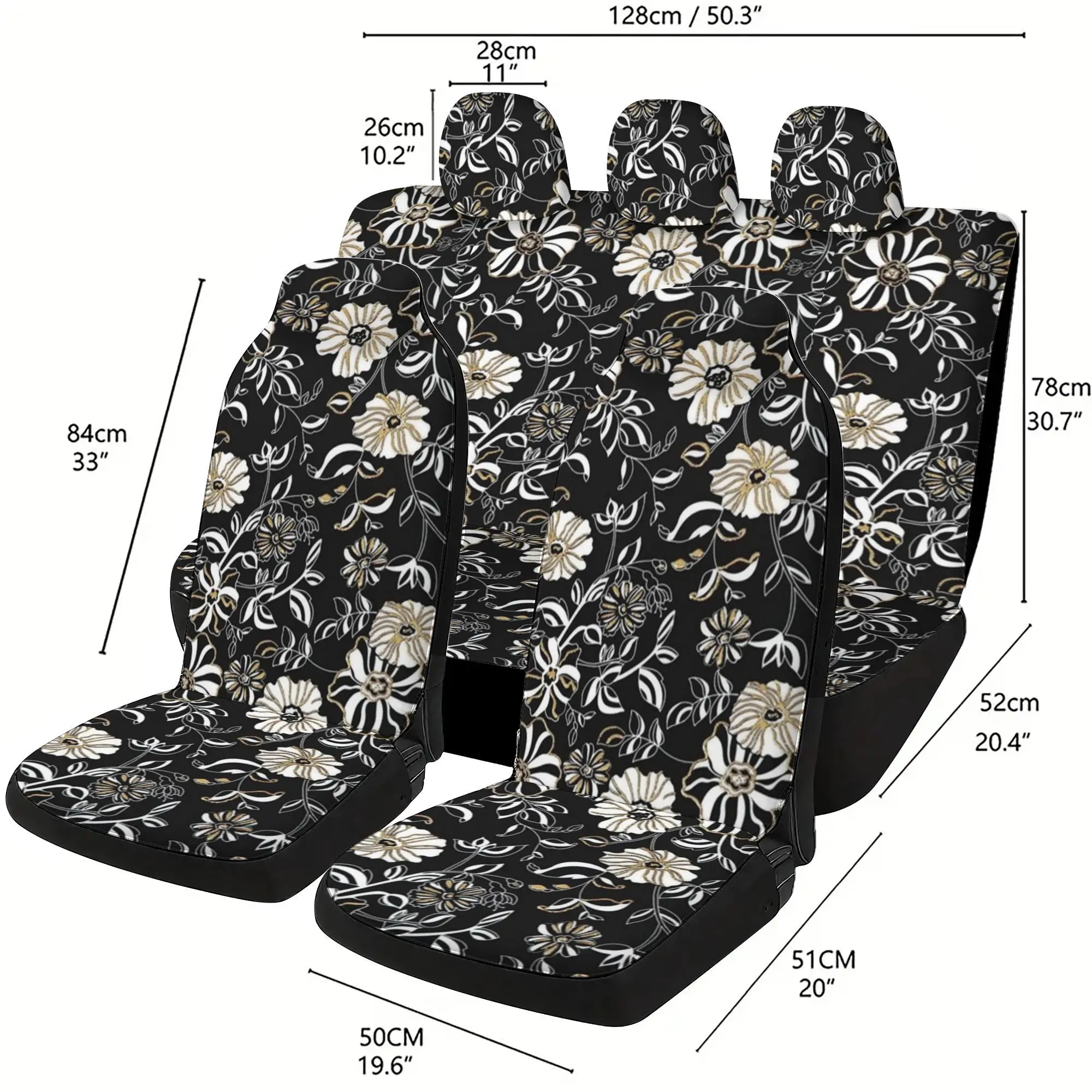 Black & Golden Floral Pattern Fashion Print 5-Seat Universal Car Seat Cover Full Set With 2 Front Seats 3 Headrest Covers Cushio