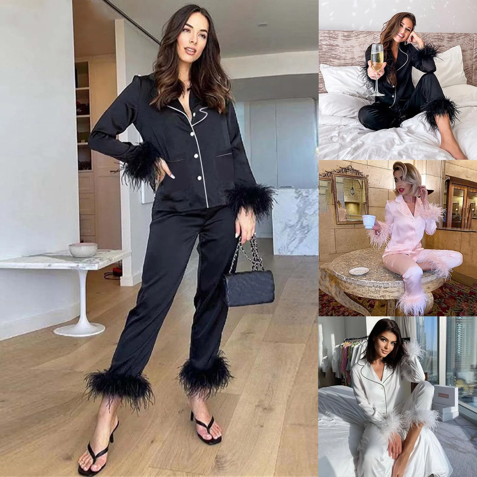 Casual Satin Feather Women 2 Piece Set Fashion Long Sleeve Bowknot Up Long Blouse Female Shirt Tops Wide Leg Pants Suit Outfits