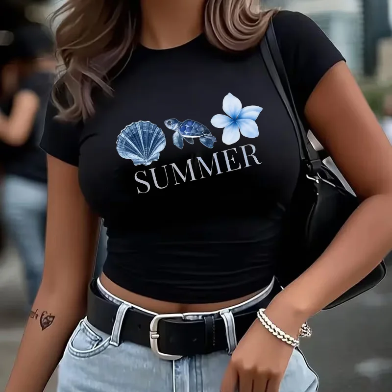Crop-T-Shirt mit Blumen- und Seestern-Print im Y2K-Stil, Kurzarm-T-Shirt für den Sommer, Damenmode
