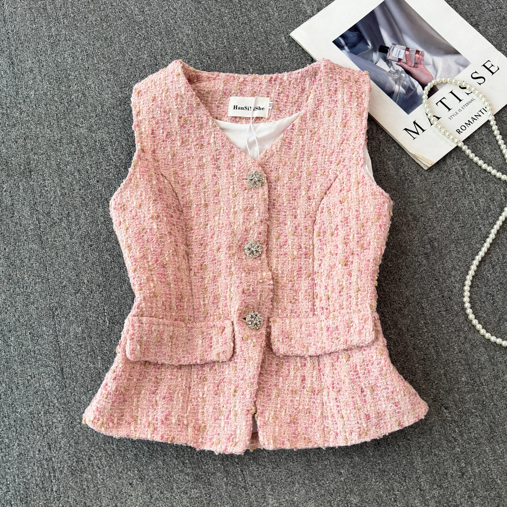 Gilet senza maniche elegante con temperamento intrecciato da donna estivo con scollo a v profumato rosa