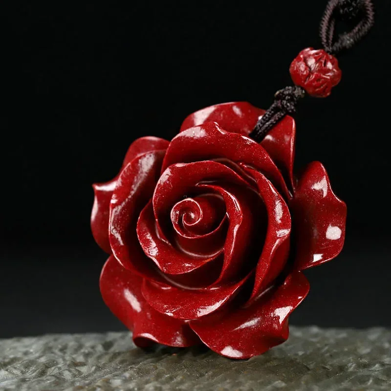 

Fashion Cinnabar Jade Rose Flower Pendant Necklace Jewellery Chinese Healing Women Man Luck Gift Sweater Chain