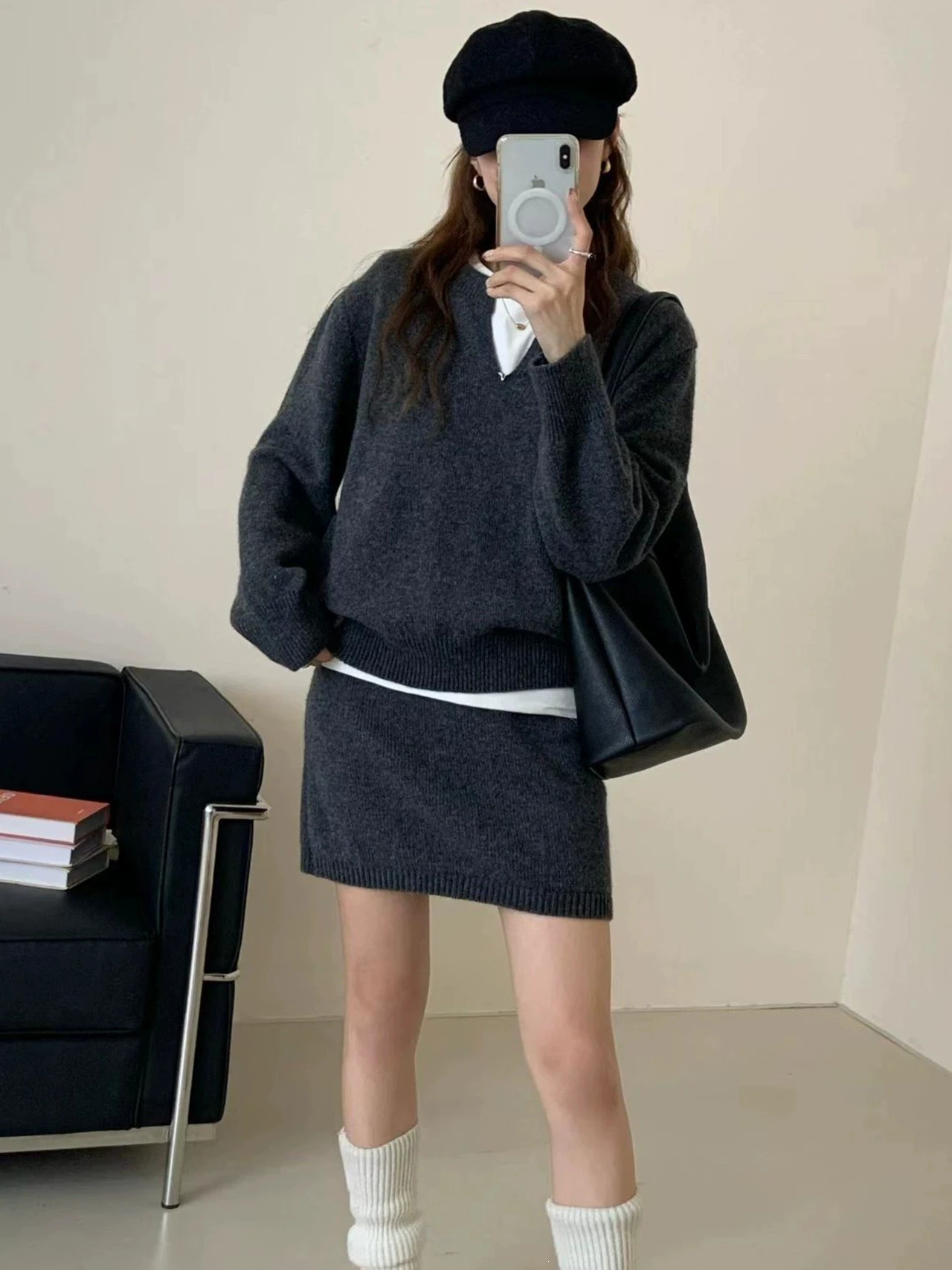 Lazy Chic Knit Set for Women 2026 Fall/Winter New Arrival Solid Color V-Neck Pullover Sweater + Midi Skirt Two-Piece Set