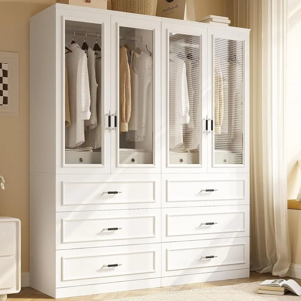 

Large 74.8 White 4-Door 6-Drawer Wardrobe Closet with Hanging Rod for Bedroom Storage