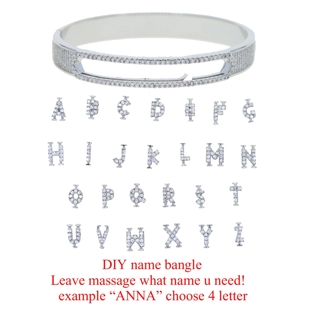 2025 New Arrived DIY Slider Charm Bangles A-Z Initial Name Bracelets Cubic Zirconia Slider Letters Bangles Name Jewelry