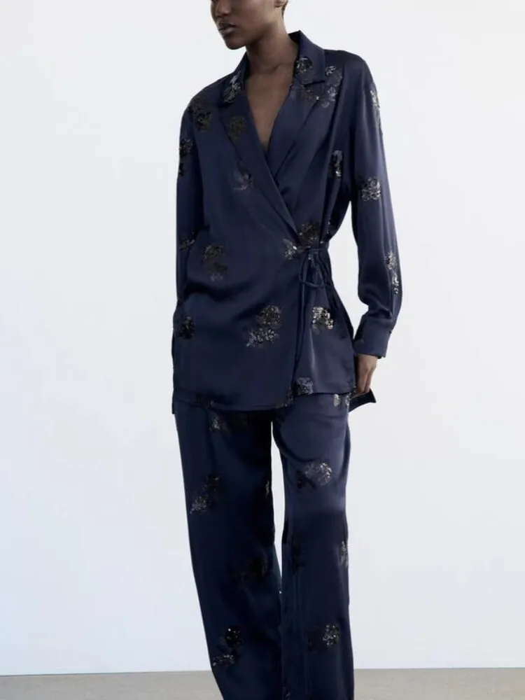 2024년 여름 신상 여성 기모노 자켓 스팽글 장식 실크 새틴 느낌 바지 나비 매듭 루즈핏 자외선 차단 긴팔