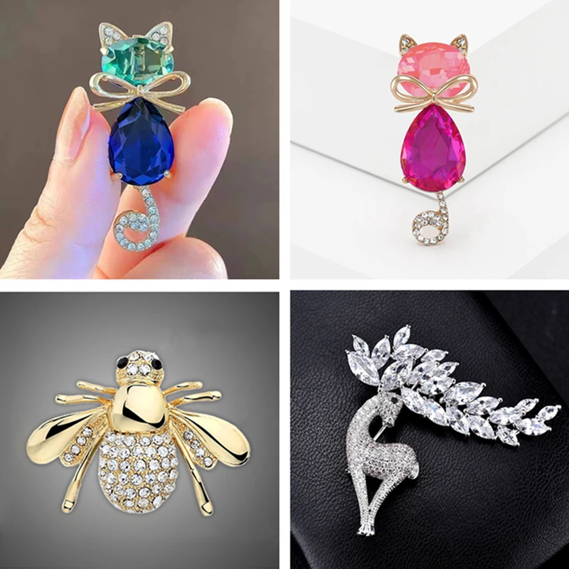 Exquisite Rhinestone Cat Brooches For Women Men Fashion Cartoon Animal Brooch Pin Party Casual Clothing Accessories Jewelry Gift