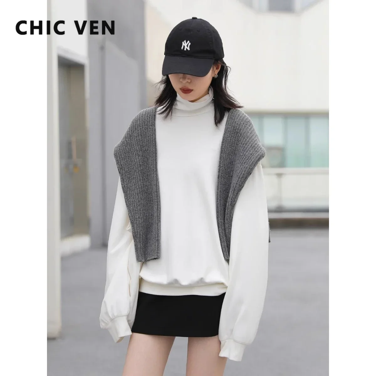 CHIC VEN Women T-Shirts Loose Long Sleeve Solid New High Collar Basic Long Sleeve Tees Warm Woman Tops Winter Autumn 2023