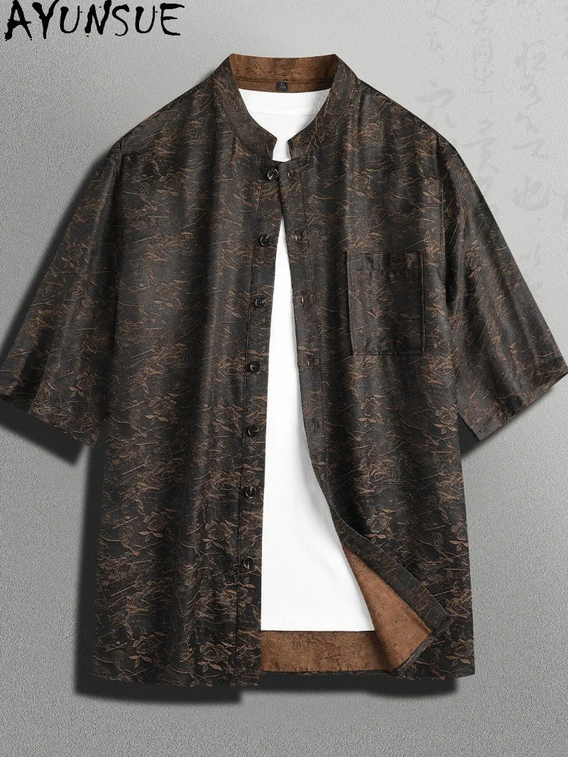 AYUNSUE 100% Natural Mulberry Silk Shirt for Men Luxury Watered Gauze Summer Top Short Sleeve Shirts Fashion Jacquard Shirt 2026
