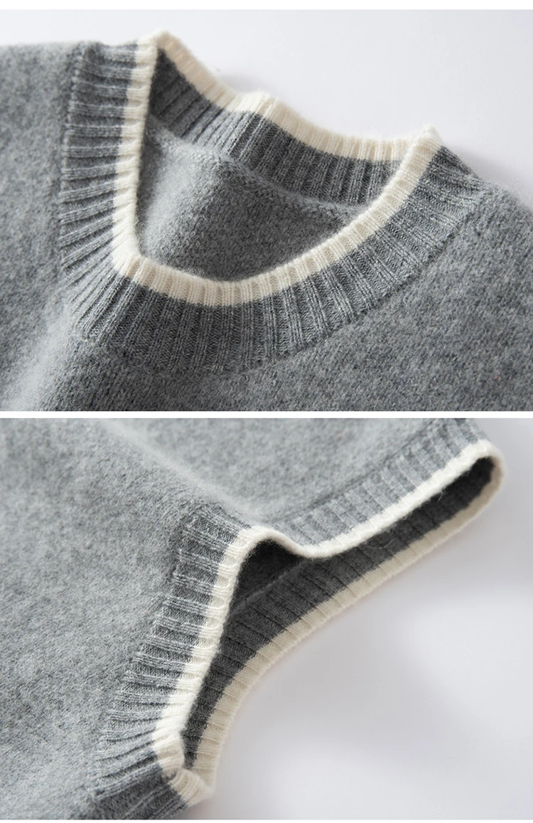 Damski sweter z kaszmiru 100%, wzór argyle, dekolt okrągły, kamizelka, pulower, styl art retro preppy, dzianina kaszmirowa, jesienno-zimowe topy bez rękawów.