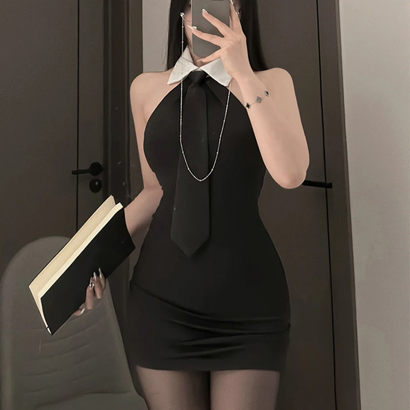 

Erotic French New French Style Sexy Lapel Backless Secretary Uniform Women Pure Desire Cinching Waist Slim Wrap Hip Short Dress