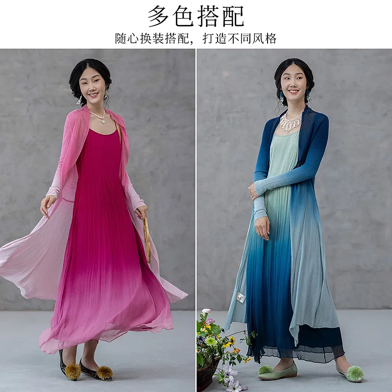TIYIHAILEY Shirts Women Long Sleeve Tops Spring Summer Long Mid Calf Blouse Cardigan Ladeis Jackets  Ramie Pink Gradient color