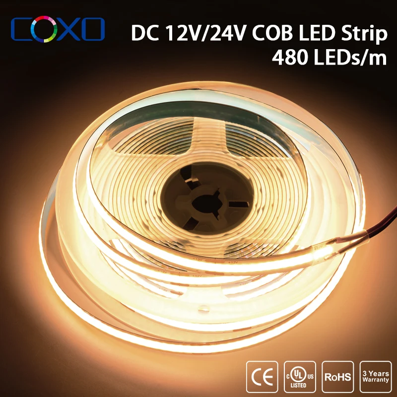 Tira de luces LED COB con certificación UL 320 480 LEDs/m 16.4ft Cinta de cinta flexible de alta densidad 3000-6500K RA90 Luces LED regulables DC12V