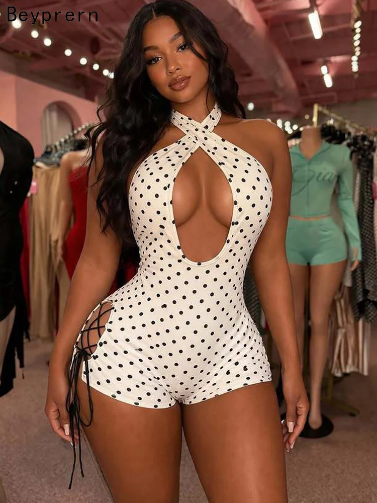 

Kricesseen Sexy Polka Dot Cross Halter Romper Women Summer Cut Out Lace Up Bodycon Jumpsuit Clubwear Backless Playsuits Clubwear