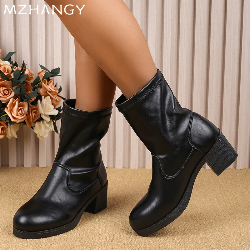 Leather Women Chunky Ankle Boots Winter Mid Heels Shoes Woman 2025 Trend Fashion Sport Gladiator Dress Motorcycle Boots Mujer