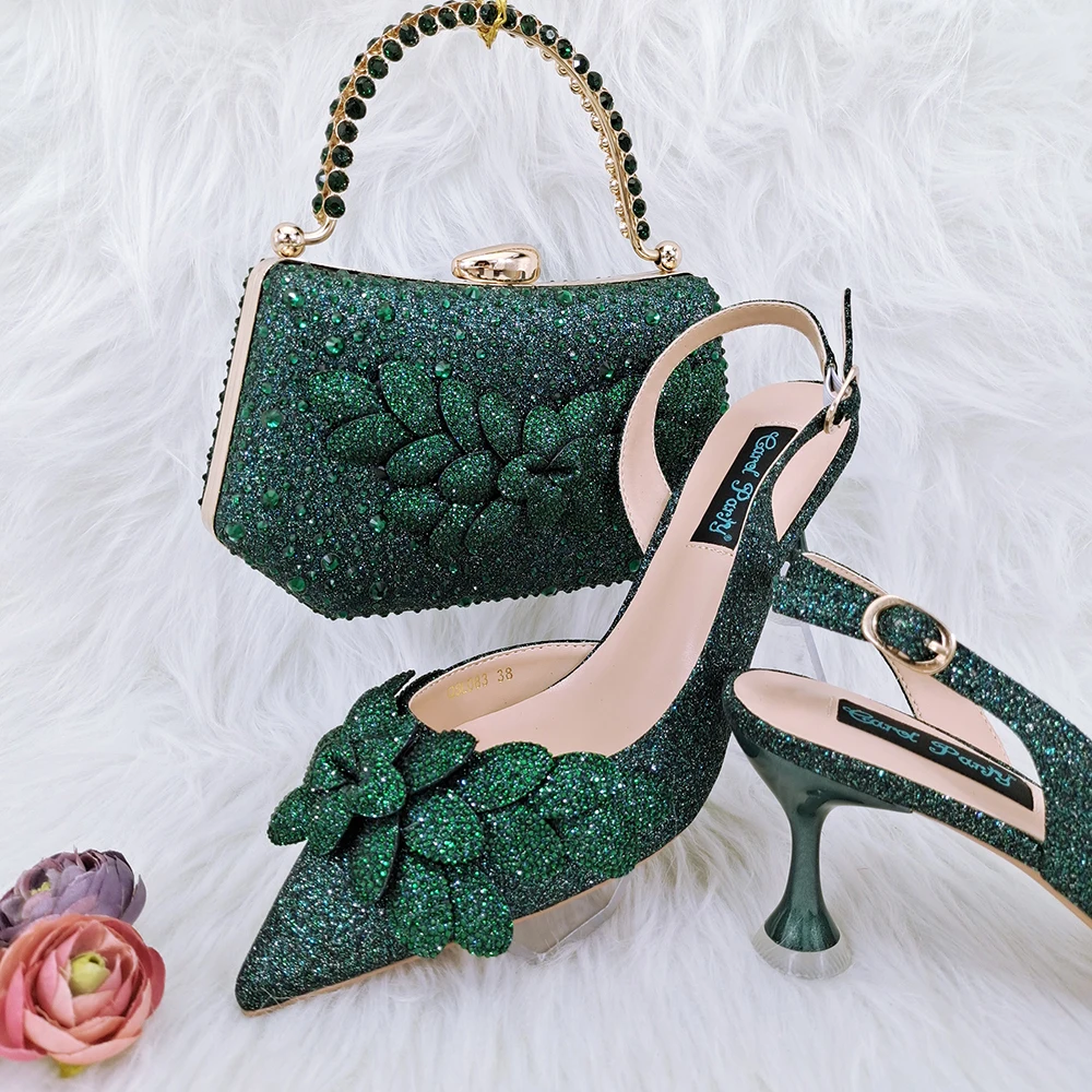 Doershow African fashion Italian Shoes And Bag Sets For Evening Party With Stones green Italian Handbags Match Bags!   HFG1-3