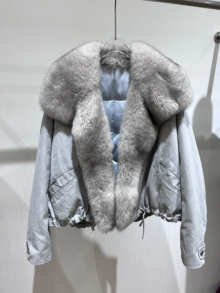 

Новинка 2025 года, зимняя женская куртка на гусином пуху, роскошная женская куртка с воротником из натурального лисьего меха, джинсовая куртка, верхняя одежда