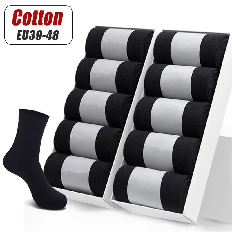 Calcetines de algodón cómodos para hombre, medias clásicas de negocios, transpirables, absorbentes del sudor, color negro, 10 StockingsEU39-48