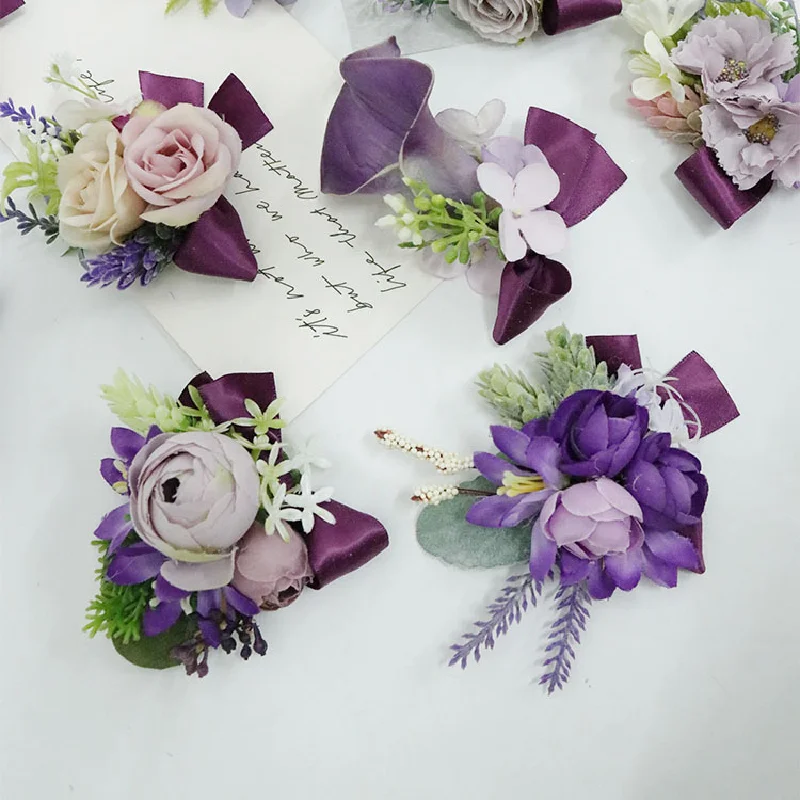 Boutonniere e pulso corsag, roxo série 370, suprimentos do casamento, banquete convidados simulado flores, noivo noiva