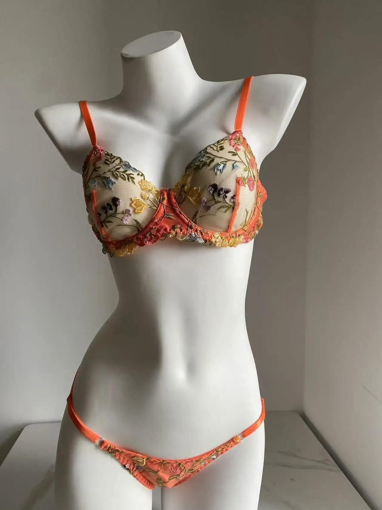 

Fairy Mesh Floral Embroidery Orange Transparent Lingerie Set Exotic Wedding Night Honeymoon Push Up Bra Panty Set