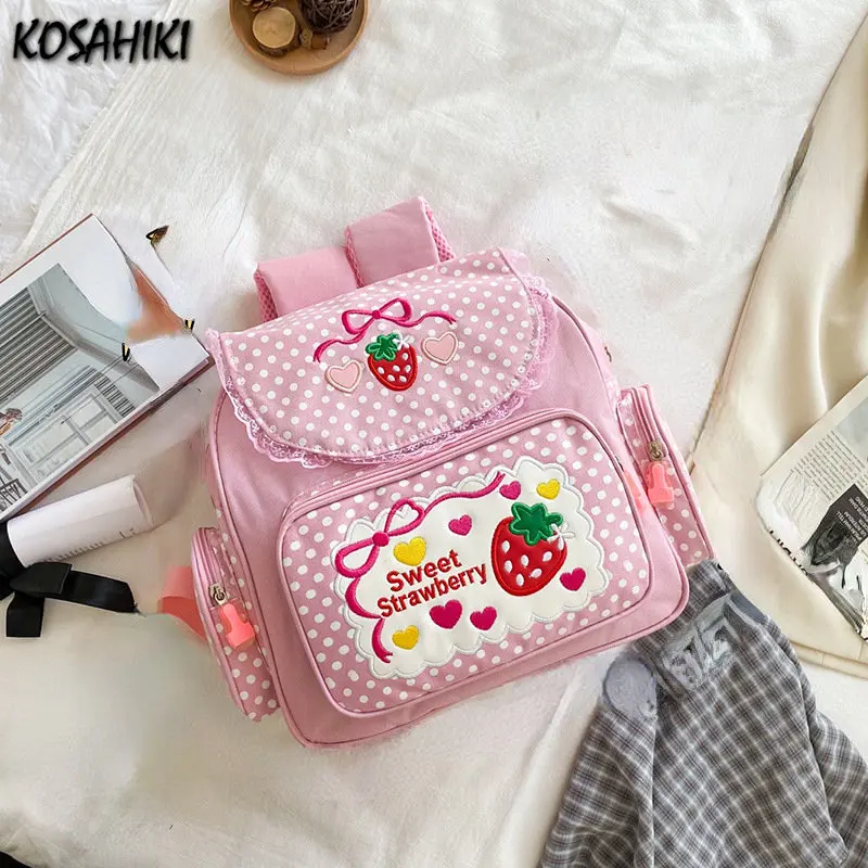 

Japanese Girl Sweet Kawaii Backpacks Embroidery Fruit Strawberry Dot Schoolbags Y2k Women Harajuku School Backpack for Students