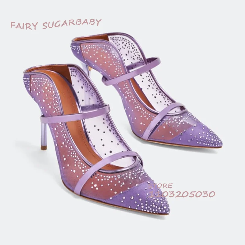 Romantic Golden Crystal Diamond Mesh Slingback Heels Woman Purple Pointed Stiletto Sandals Sexy Red Hollow Diamond Elegant Shoes