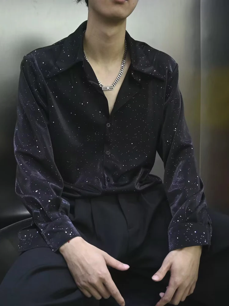 

Iron-Free Long Sleeve Men's Shirt Loose Fit Nightclub Fashionable Starry Print Casual Button-Up Youthful French Style