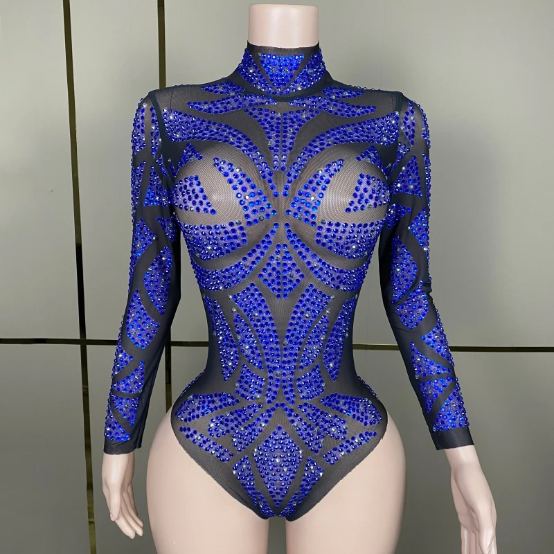 

Blue Sexy Rhinestones Bodysuit Elastic Mesh Nightclub Bar Dj Performance Show Stage Costumes Pole Dance Festival Dress DN16141