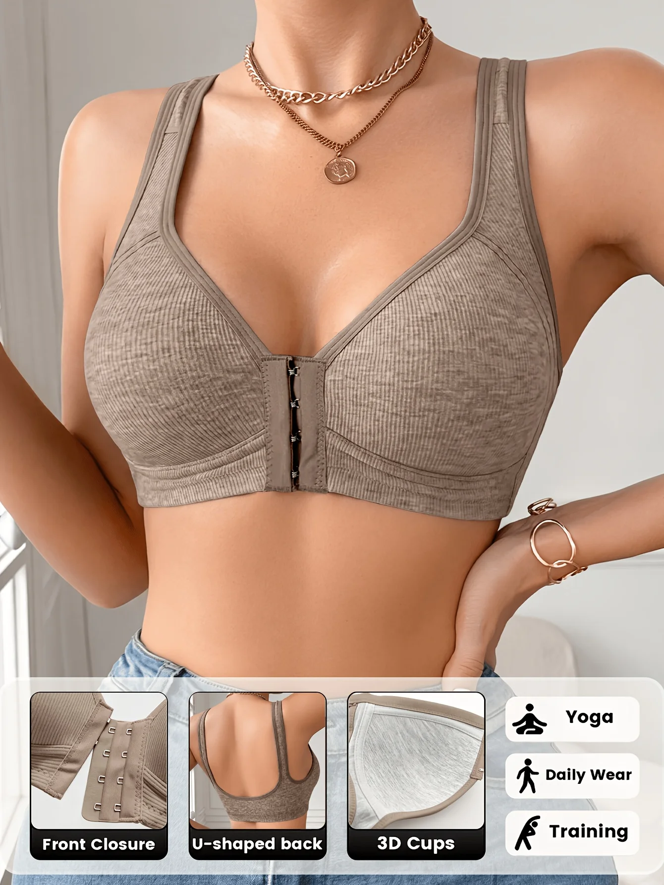 JOINBUY Women 1Pc Solid Color Front Closure Bra Wireless Non Removable Padding High Comfort Breathable Wide Anti Slip Straps Bust Lifting Innerwear 6 Colors For Date Casual Wear