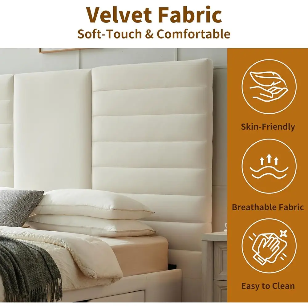 โครงเตียงแพลตฟอร์มกำมะหยี่สีครีมพร้อมลิ้นชักเก็บของและแผ่นไม้ ไม่ต้องใช้สปริงกล่อง ประกอบง่าย