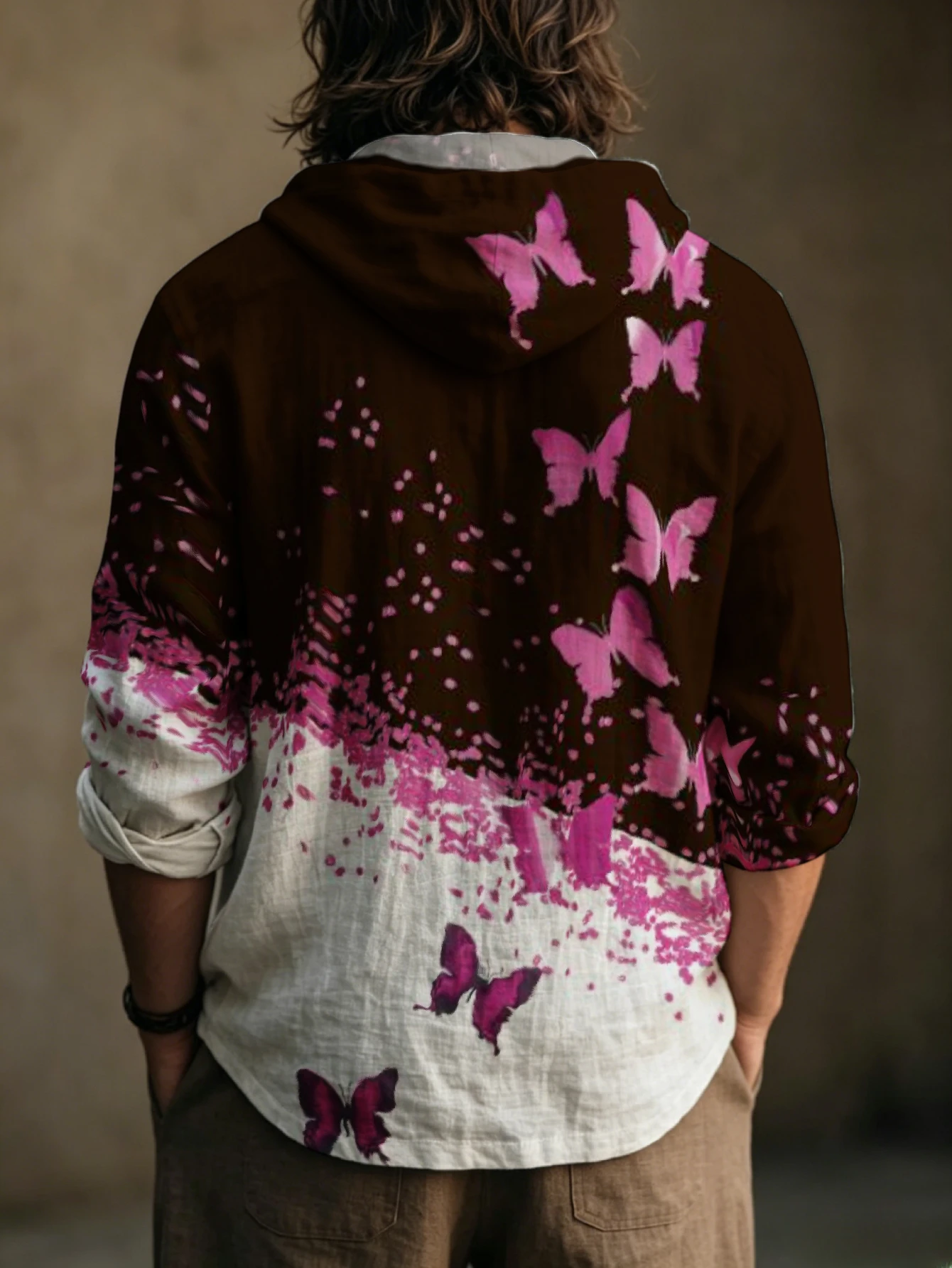 Men's Butterfly Gradient Print Hooded Henley Shirt, Long Sleeve Half‑Button Placket Loose Fit Casual Beach Vacation Pullover Top