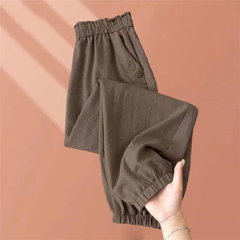 Ice Silk Casual Pants Women's Summer 2026 New American Style Breathable Sport Loose Slimming Cuffed Trousers Comfortable Fit