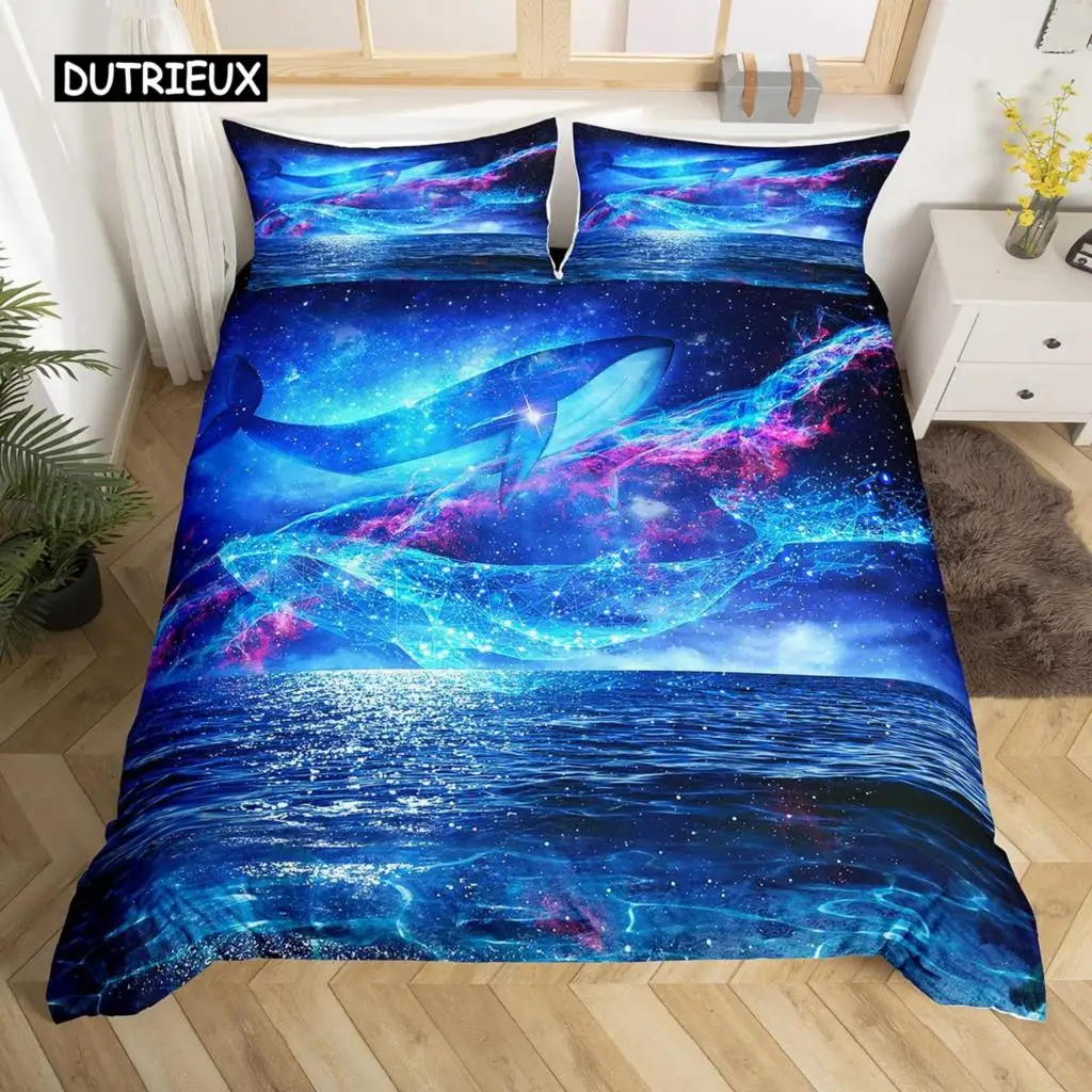 

Whale Duvet Cover Set Queen Size Starry Stars Universe Nebula Comforter Cover Blue Galaxy Ocean Theme Sea Creatures Bedding Set