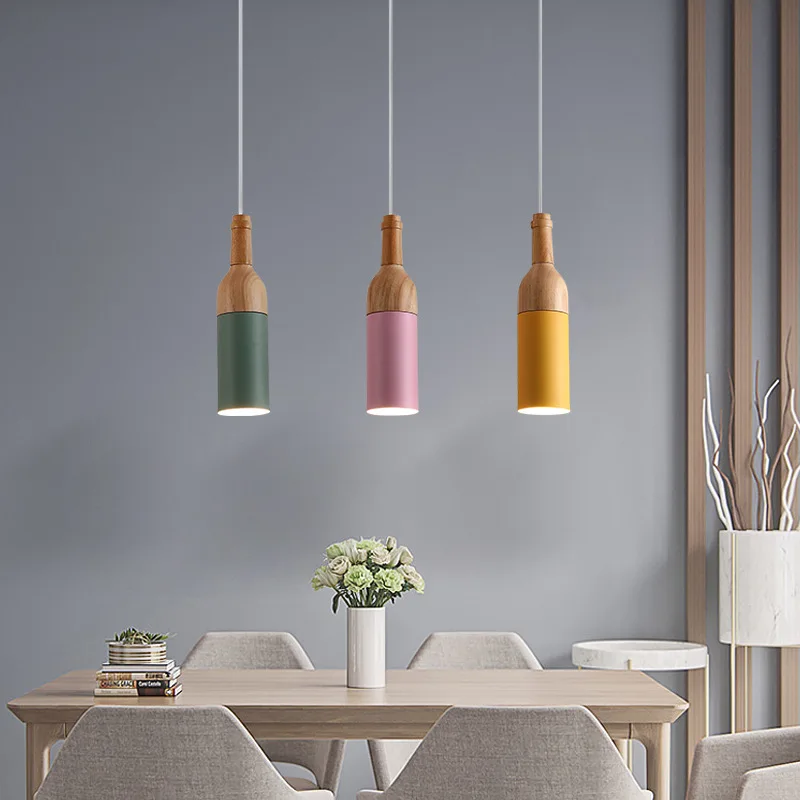 Nordic Macaron Long Tube Pendant Lights Hanging Kitchen Light Wine Bottle Chandelier Dining Room Table Bar Lustre Wood Pipe Lamp