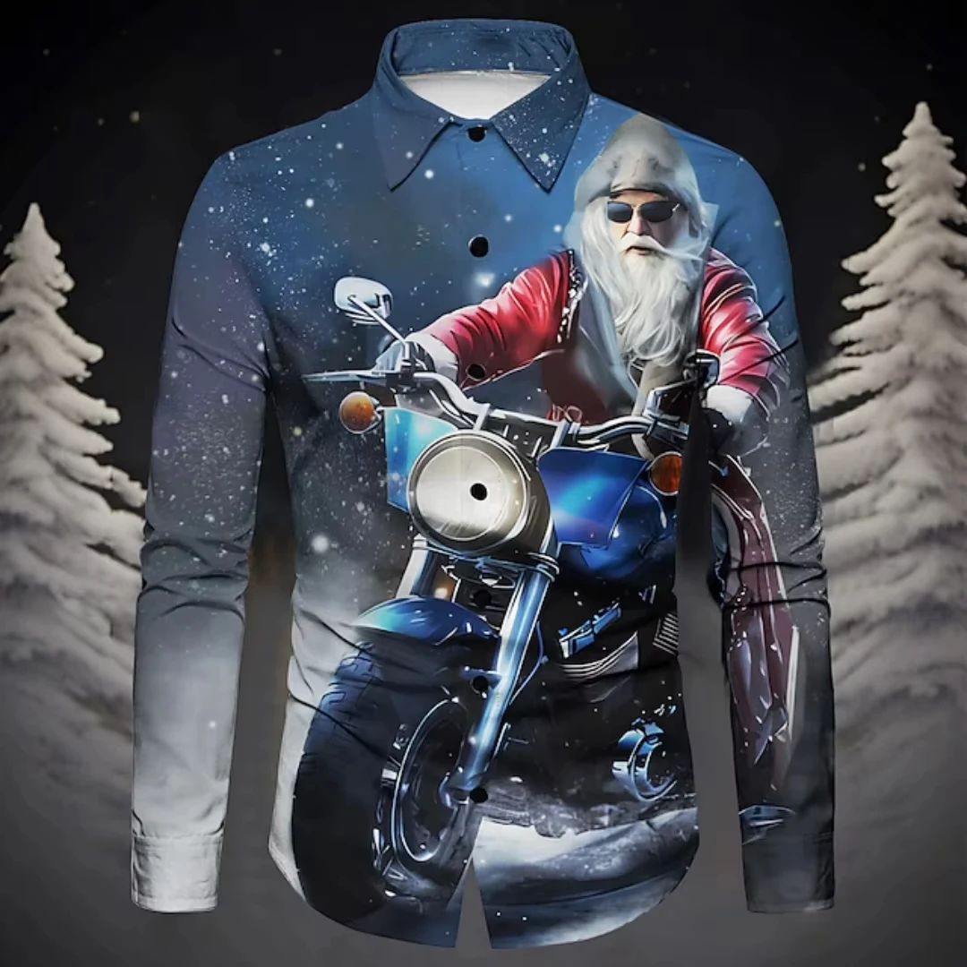 2025 Мужская рубашка с принтом рождественской елки Санта-Клауса, уличная одежда с длинными рукавами, повседневная облегающая удобная одежда