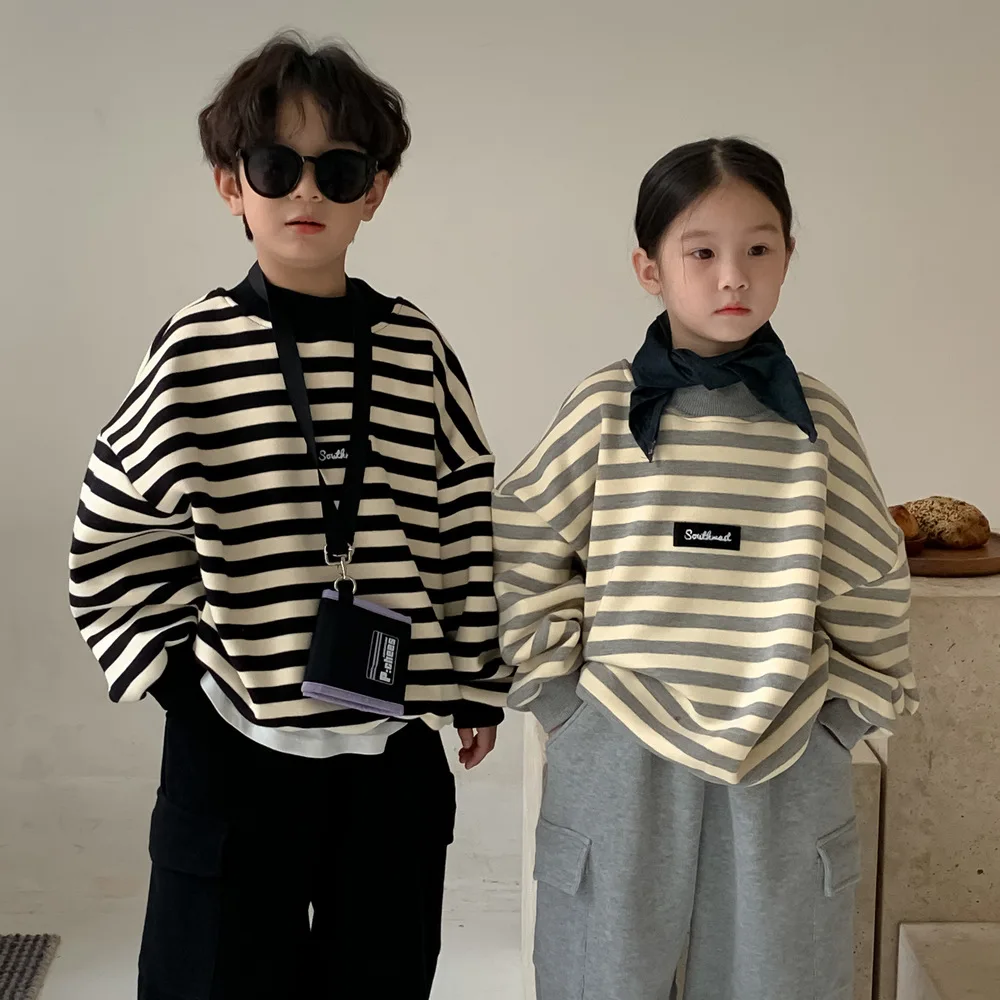 Children Boys Sweatshirt 2PCS Suit Winter Striped Kids Boy Cotton Fleece Pullover Integrated Velvet Little Girl Sweatpant Outfit