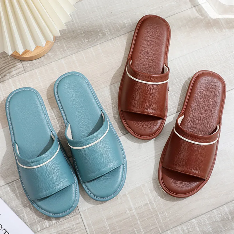 Couple's Latex Cowhide Summer Indoor Slippers Non-slip Non-stinking Genuine Leather Soft Home Slippers for Women and Men