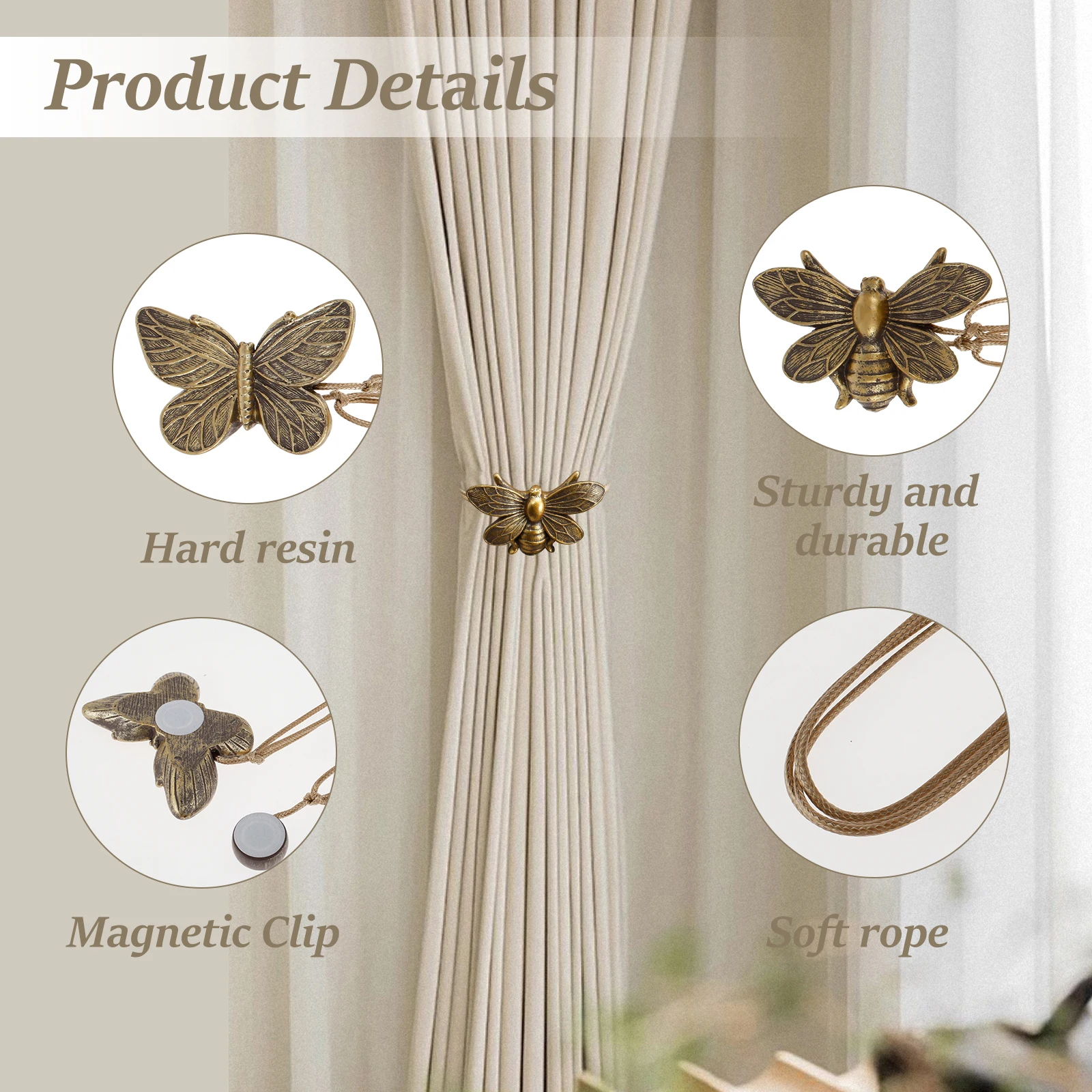 Curtain Holdbacks Resin Magnetic Curtain Tieback Flying Bee Curtain Holder Decorative Butterfly Magnetic Curtain Ties Beautiful