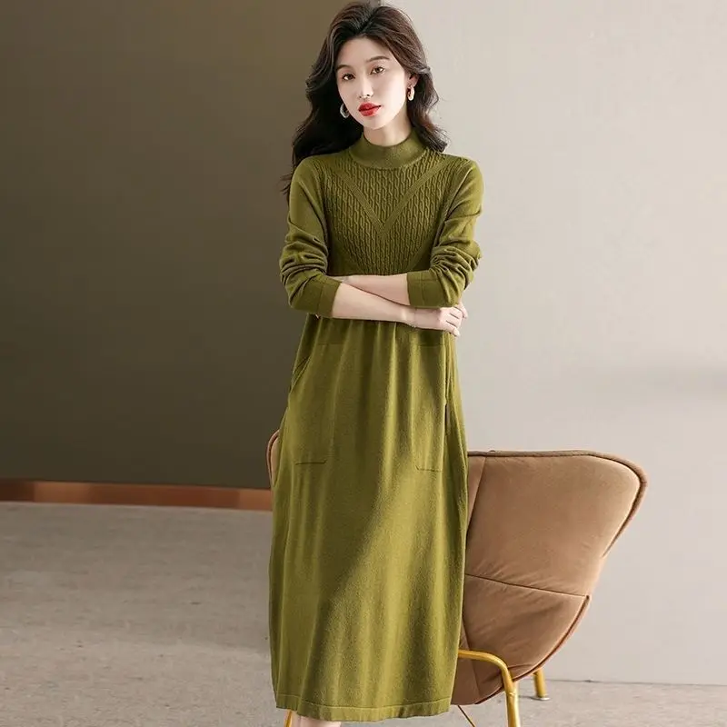 Vestido de alta qualidade feminino outono inverno vestidos de malha novo solto mangas compridas na altura do joelho vestidos de lã tendência camada base par com casacos