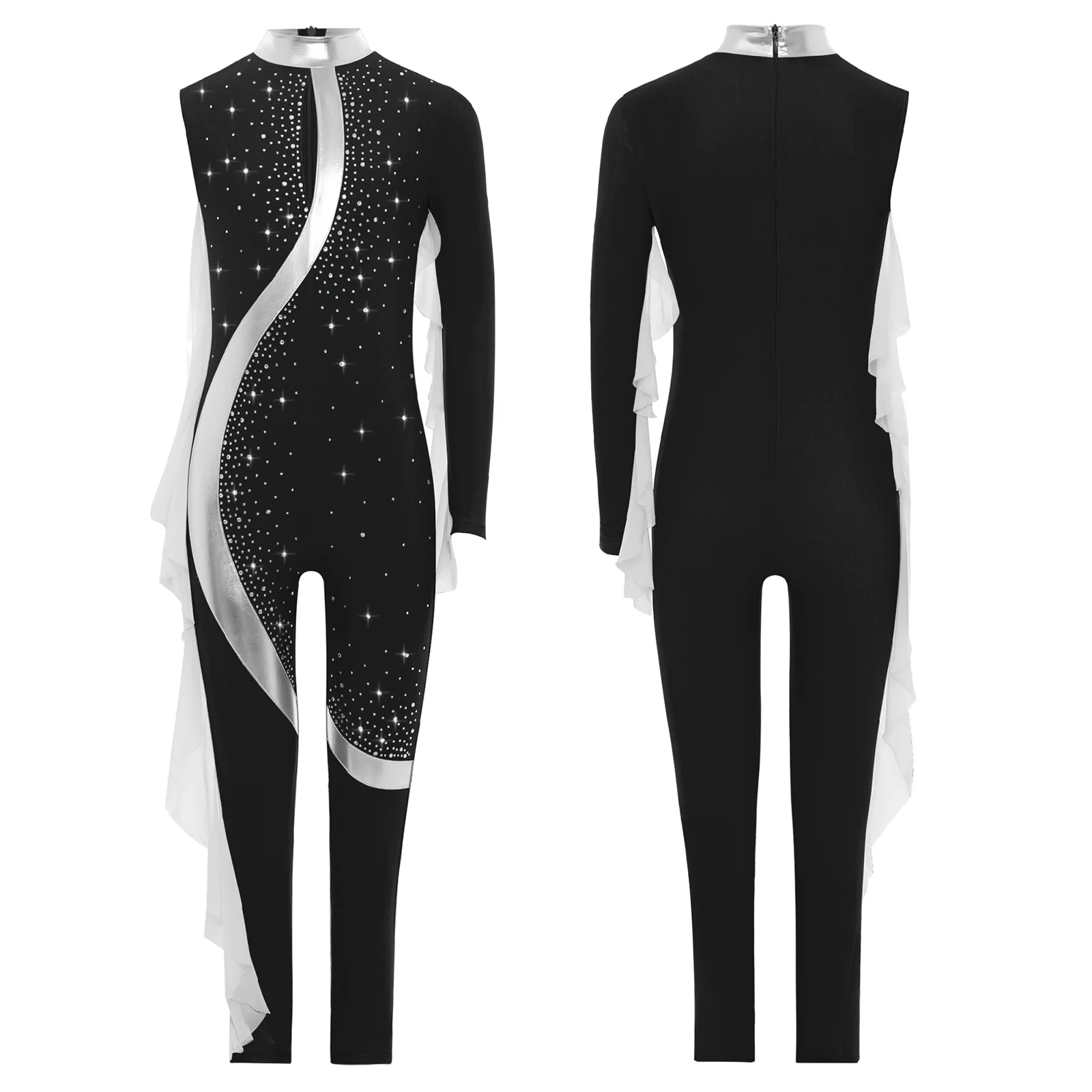 

Girls Gymnastics Ballet Leotards Jumpsuit Dance Skating Costume One Long Sleeve Zipper Full Body Rhinestones Mesh Ruffles Romper