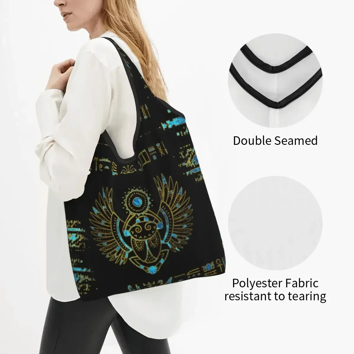 Egyptian Scarab Grocery Shopping Bag Custom Shopper Shoulder Tote Bag Large Capacity Portable Ancient Egypt Handbag