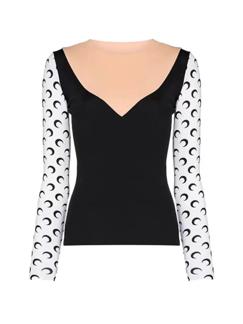 Sexy longue Sve Moon épissage Base irt femmes vêtements intérieurs crème solaire v-ne T-irt trajet Sle couleur Pure impression