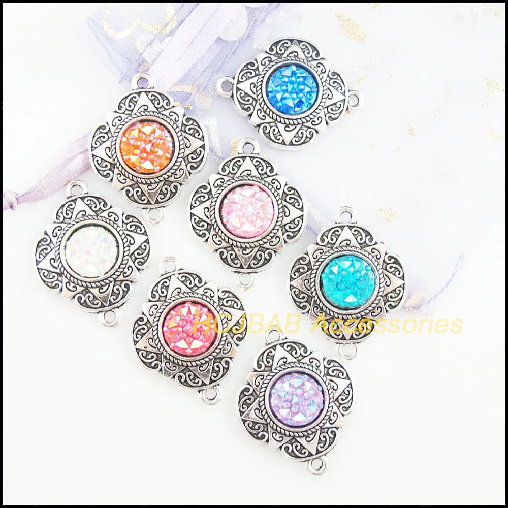 New 7Pcs Mixed Resin Charms Tibetan Silver Plated Retro Flower Animal Cross Heart Pendants Connectors DIY J188